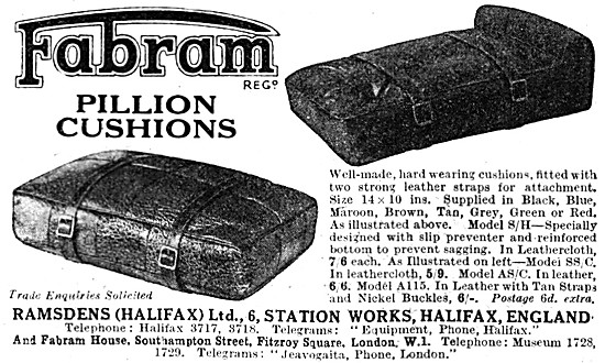 Ramsdens Fabram Motor Cycle Pillion Cushions 1929 Advert         