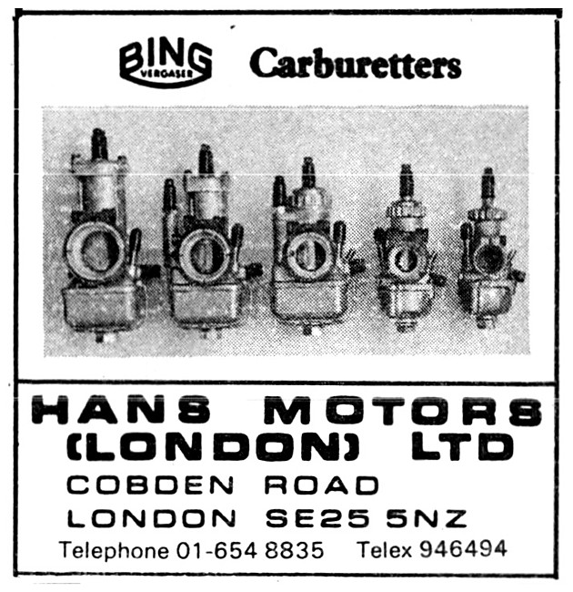 Hans Motors Bing Carburetters 1975 Advert                        