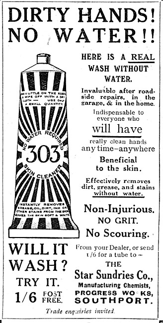 303 Skin Cleaner - 303 Hand Cleanser 1921 Advert                 