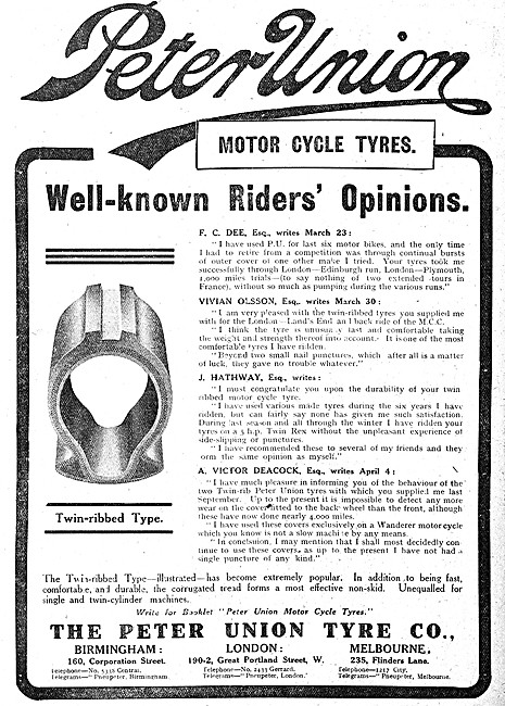 Peter Union Twin Ribbed Motor Cycle Tyres 1910                   
