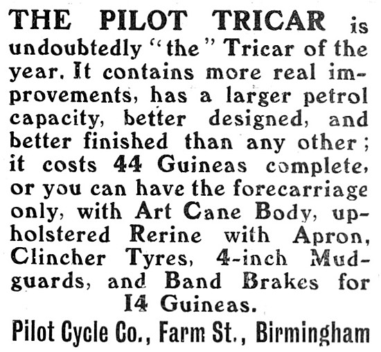 1904 Pilot TriCars - Pilot Tri-Cars Advert                       