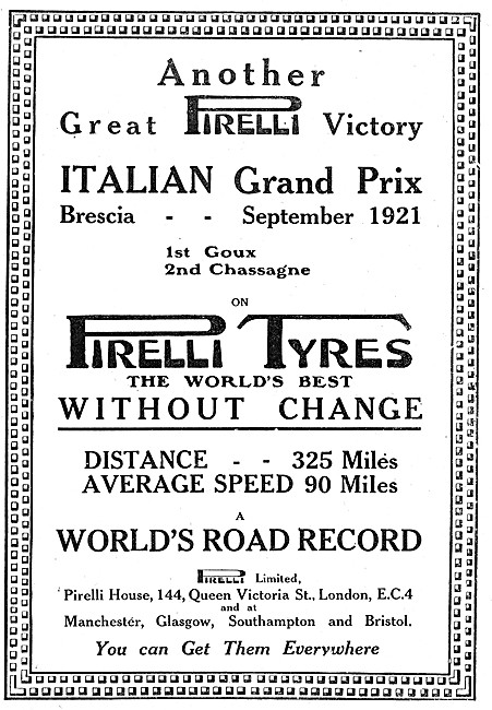 Pirelli Motor Cycle Tyres 1921 Advert                            