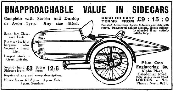 1929 Plus One Sidecars Advert                                    