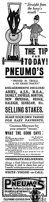 Pneumos Motor Cycles Sales & Services. Clapham 1929 Advert       