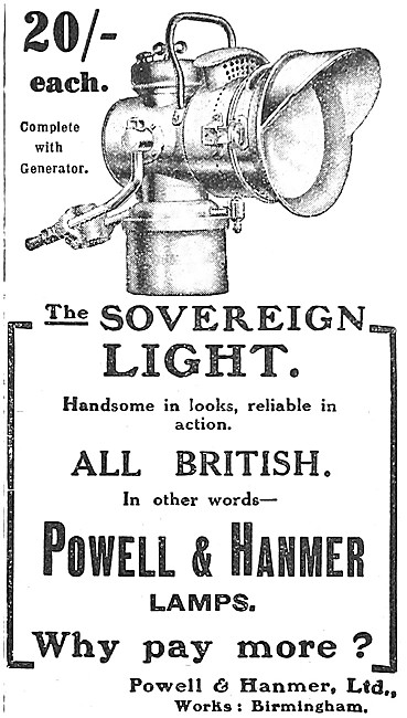 Powell & Hanmer Acetylene Motor Cycle Lamps 1910                 