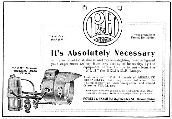 Powell & Hanmer Acetylene Motor Cycle Lighting 1916              