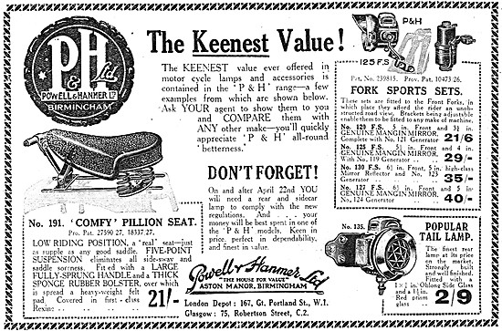 Powell & Hanmer Motor Cycle Products 1928 Catalogue Items        