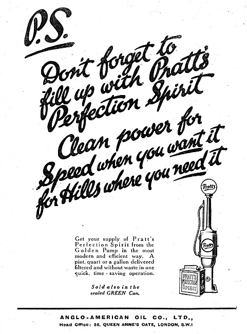 Pratts Motor Spirit - Pratts Perfection Petrol 1921 Advert       