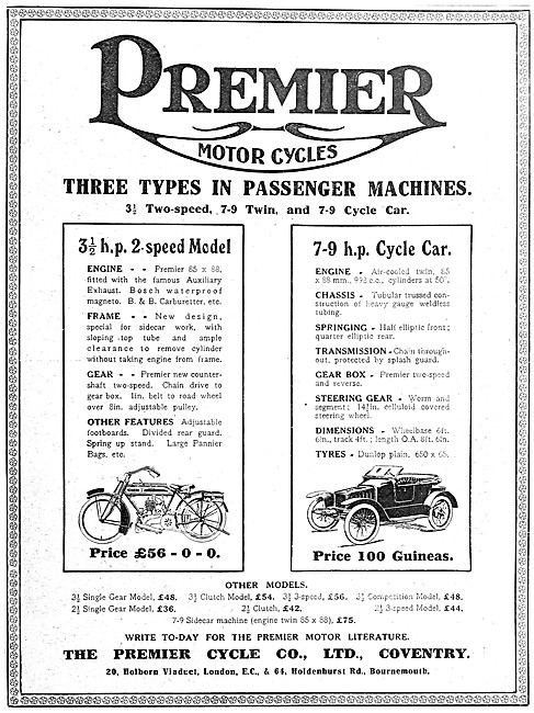 Premier Motor Cycles - 1912 Premier Cycle Cars                   