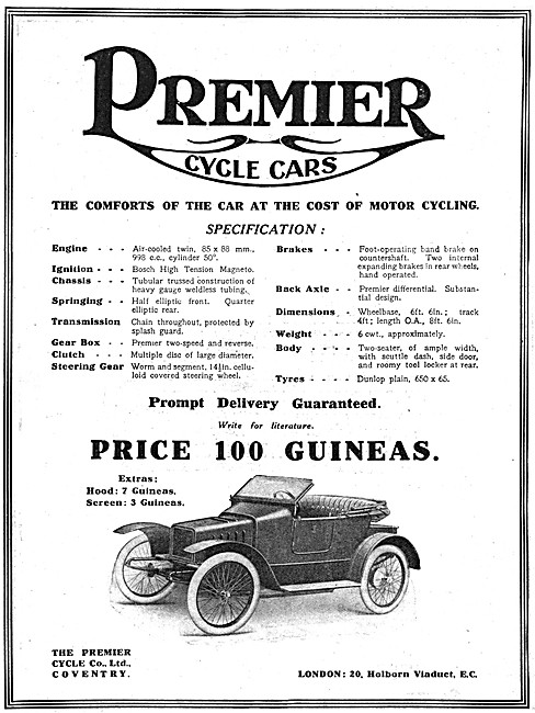 Premier Cyclecars - 1913 Premier 998 cc Cyclecar                 