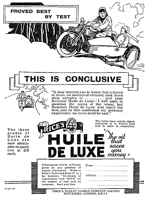 Prices Huile De Luxe Oil - Prices Lubricants 1926 Advert         