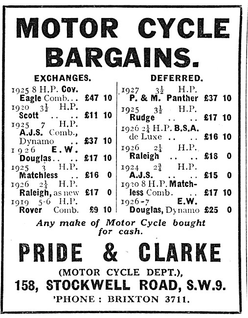 Pride & Clarke Motor Cycle Sales & Parts Stockists               