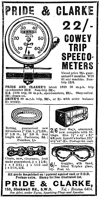 Pride & Clarke Motor Cycle Sales & Parts Stockists 1929 Advert   