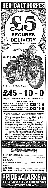 Pride & Clarke Motor Cycle Sales. Red Calthorpe Twin Port 500 cc 