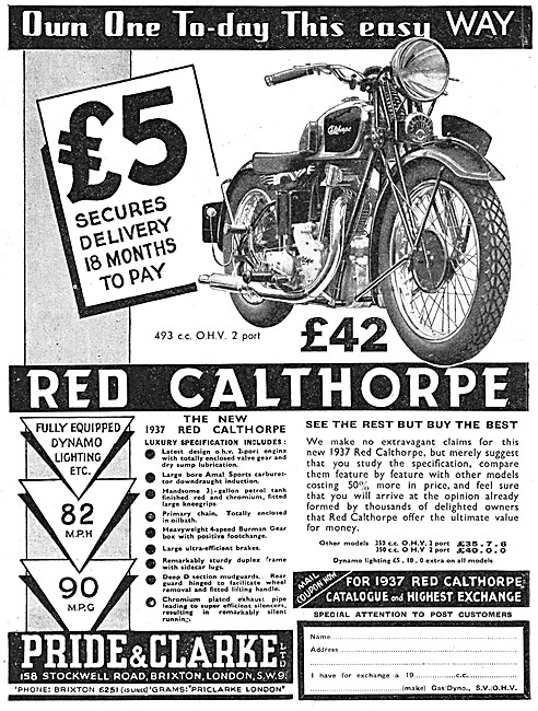 Pride & Clarke Motor Cycle Sales & Parts Stockists. Red Calthorpe