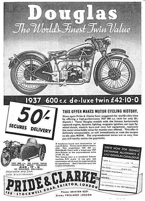 Pride & Clarke Motor Cycle Sales & Parts Stockists. Douglas 1937 