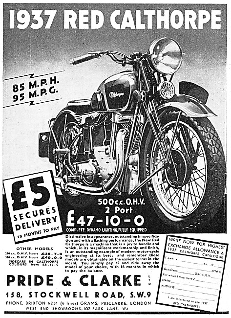 Pride & Clarke Motor Cycle Sales & Parts Stockists.1937 Calthorpe