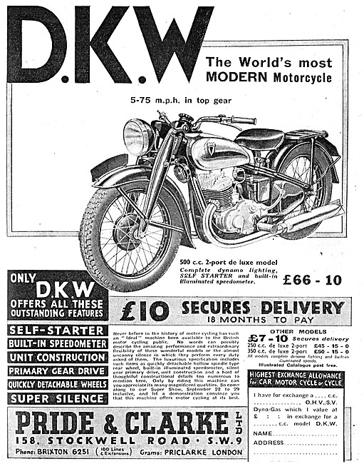 Pride & Clarke For DKW Motor Cycle Sales                         