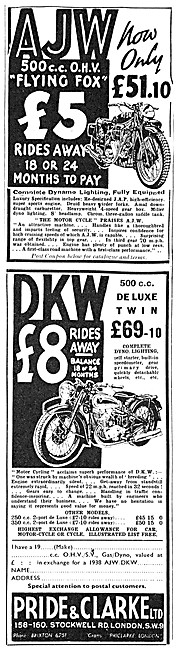 Pride & Clarke Motor Cycle Sales & Parts Stockists. DKW AJW      