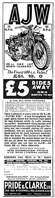 Pride & Clarke Motor Cycle Sales & Parts Stockists. AJW 1938     