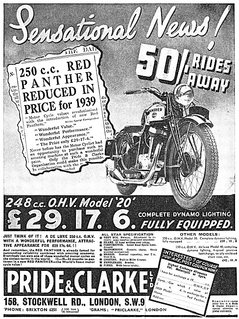 Pride & Clarke Motor Cycle Sales & Parts Stockists. Panther      