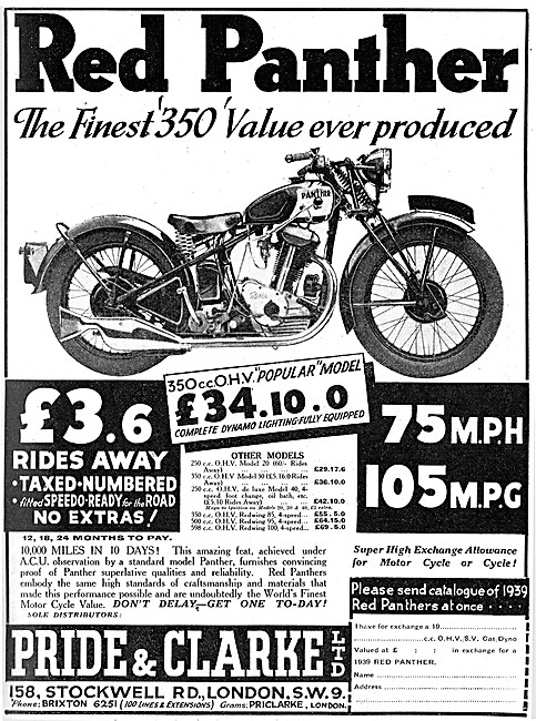 Pride & Clarke Motor Cycle Sales Red Panther 350 cc              