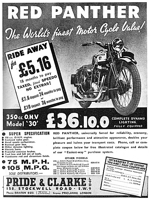 Pride & Clarke Motor Cycle Sales Red Panther 350 cc              