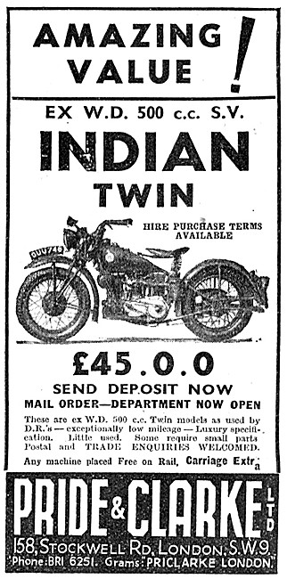Pride & Clarke Motor Cycle Sales Ex WD 500 cc S.V. Indian Twins  