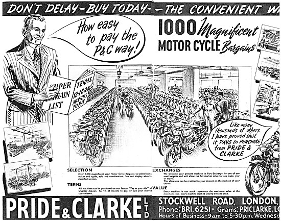 Pride & Clarke Motor Cycle Sales & Parts Stockists 1951 Advert   