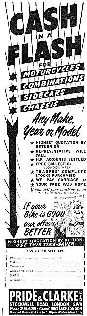 Pride & Clarke Motor Cycle Sales 1953 Advert                     