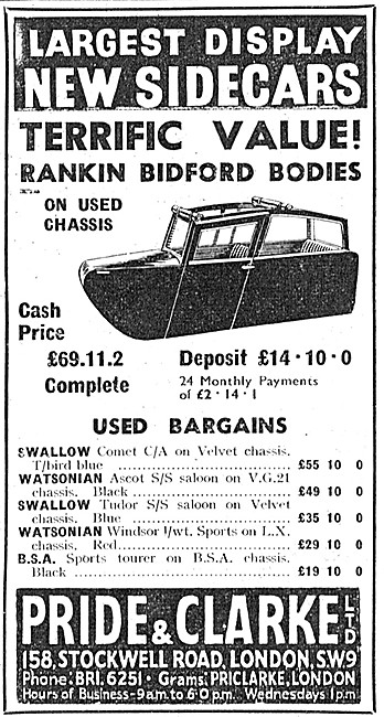 Pride & Clarke Motorcycles & Sidecar Sales Rankin Bidford Bodies 