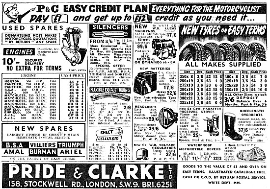 Pride & Clarke Motor Cycle Parts & Accessories 1960 Advert       