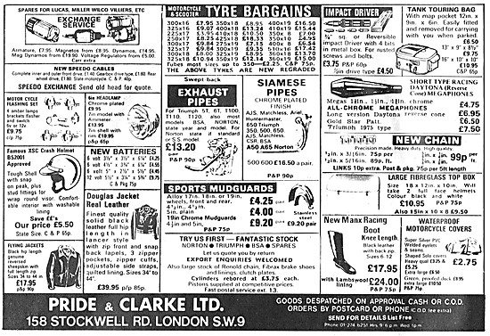Pride & Clarke Motor Cycle Sales & Mail Order Parts Stockists    