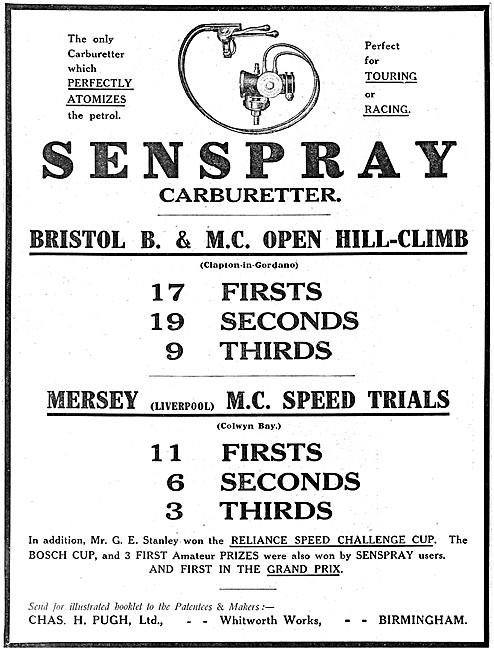 Pugh Senspray Motor Cycle Carburetters 1913 Products             