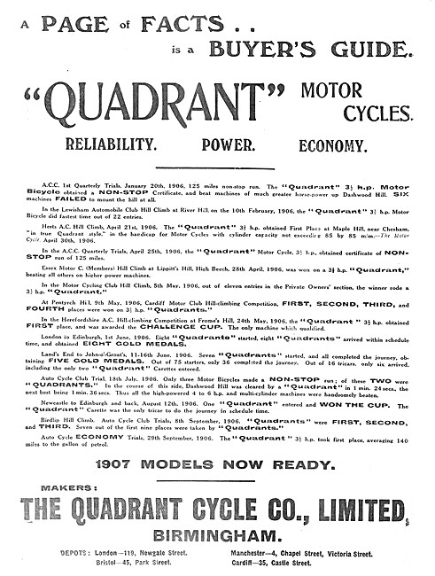 Quadrant Motor Cycles 1907 Models                                