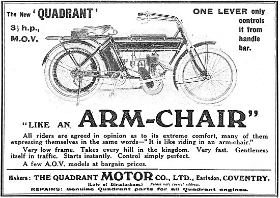 Quadrant M.O.V. 3.5 hp Motor Cycle 1908 Advert                   
