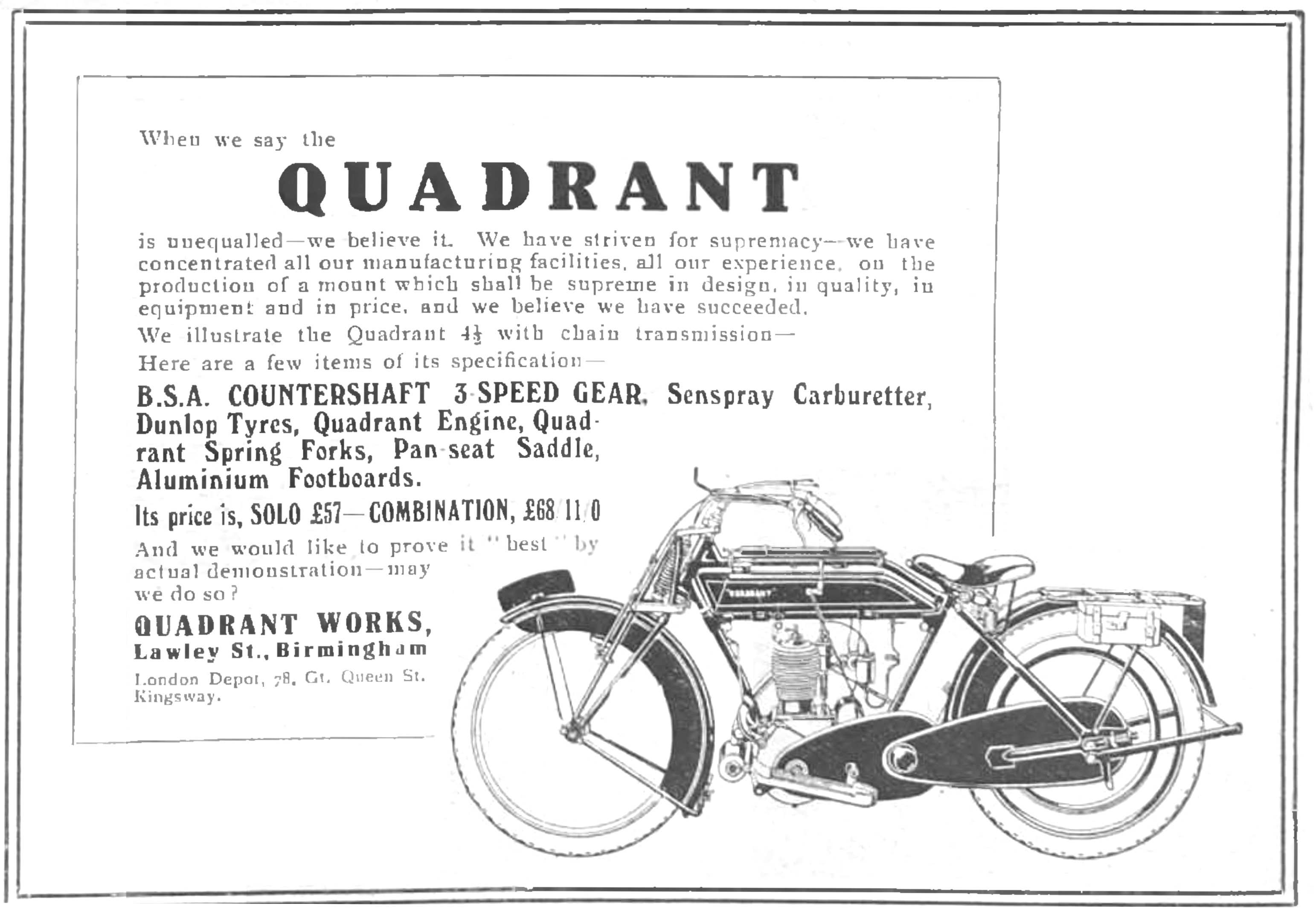 1915 Quadrant Motor Cycles Models                                