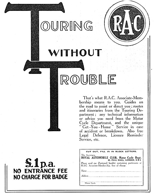 RAC - Royal Automobile Club - R.A.C. 1929 Advert                 