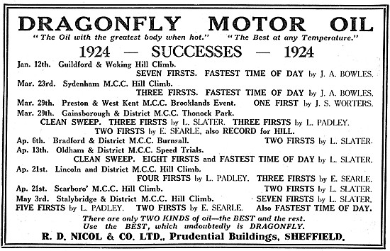 Dragonfly Motor Cycle Oil 1924 Advert                            