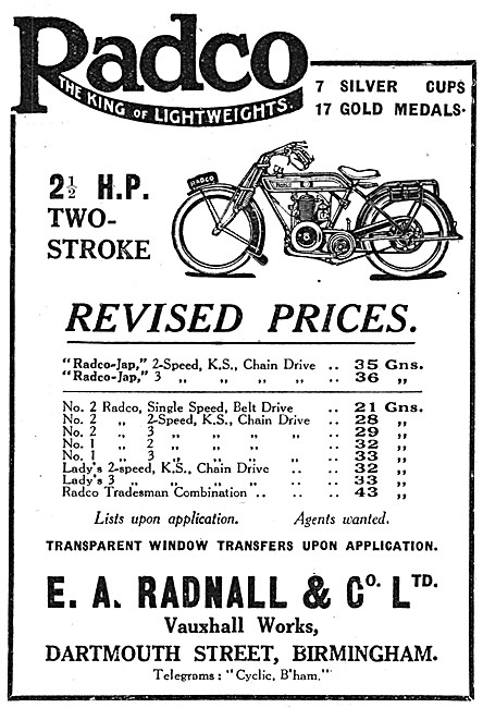 Radco 2.5 HP Two Stroke Motor Cycle - Radco Price List 1926      
