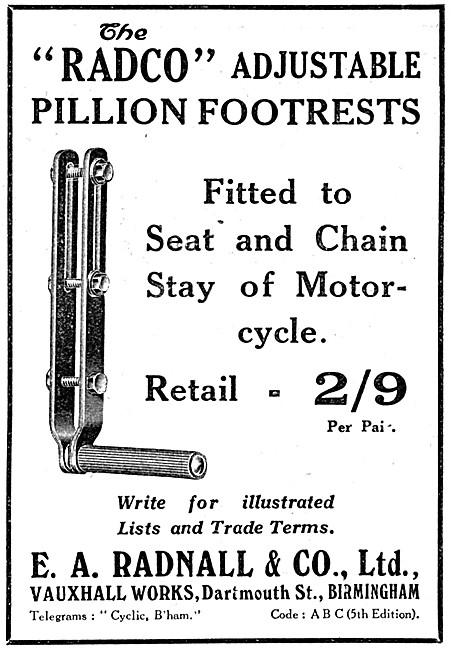 Radco Adjustable Motor Cycle Footrests 1926                      