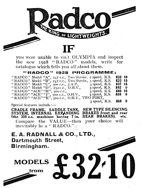 1928 Radco Motor Cycle Models & Prices                           