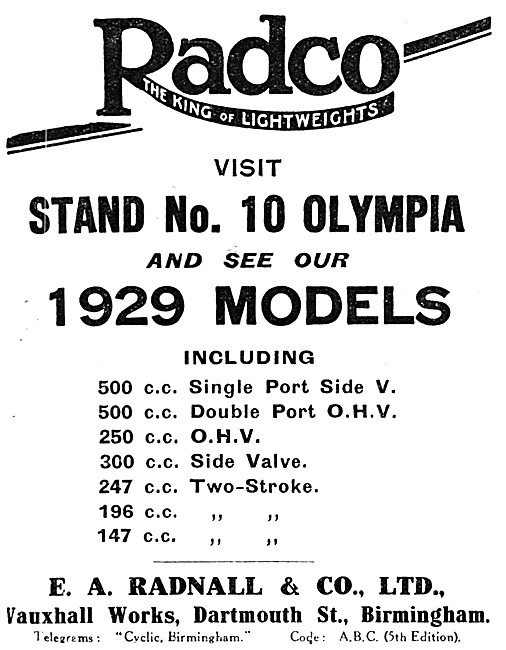 Radco Motor Cycles For 1929 - 147 - 500 cc                       