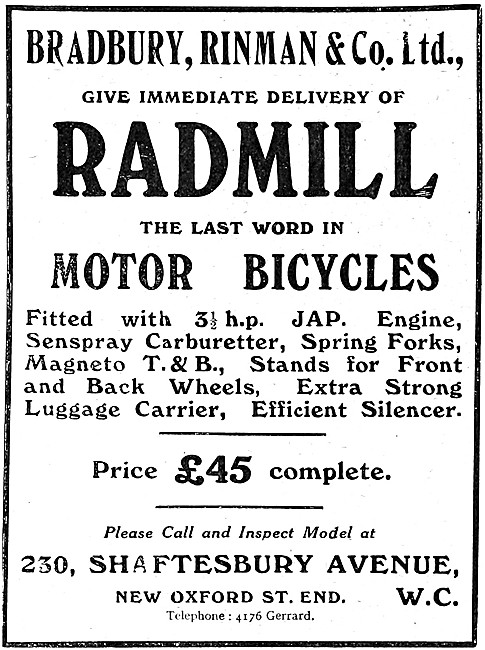 Radmill Motor Cycles - 1912  - Radmill-JAP Motor Cycle           