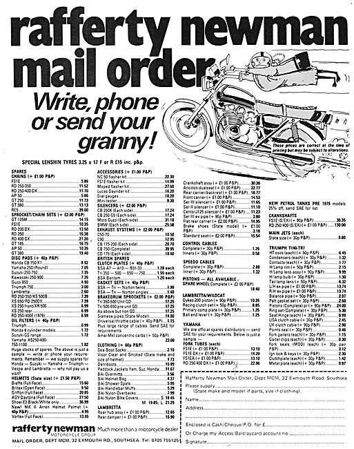 Rafferty Newman Mail Order Motor Cycle Parts                     