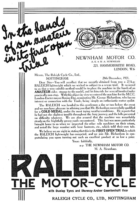 1922 Raleigh 2.75 hp Motor Cycle                                 