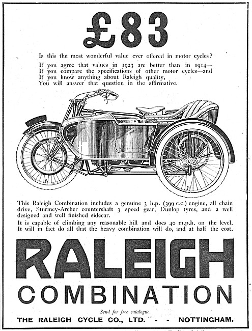 1923 Raleigh 400cc Motor Cycle Combination                       