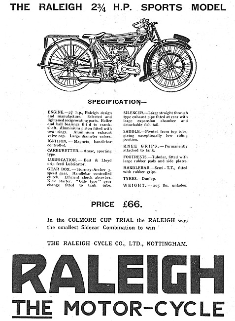 1923 Raleigh 2.75hp Sports Motor Cycle                           