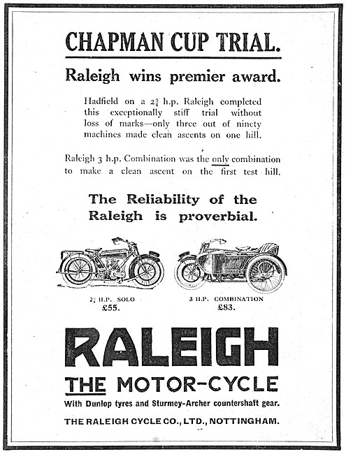1923 Raleigh 2.75hp Motor Cycle - Raleigh 3hp Combination        