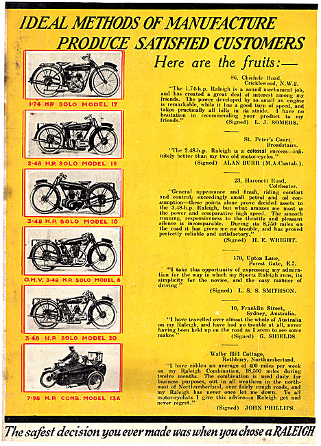 Illustrated Raleigh Motor Cycle Range 1926 - Raleight Model 17   